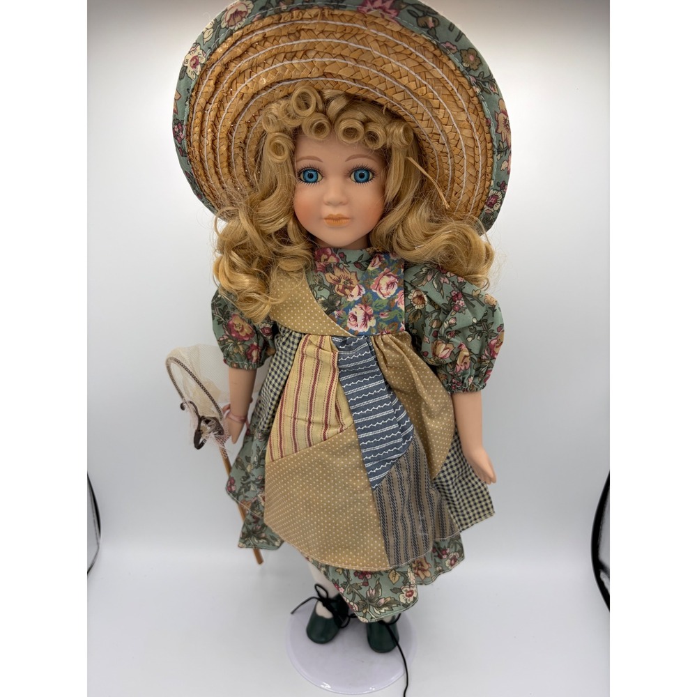 Rare Vintage Porcelain Doll Blonde Blue Eyes Patchwork Dress Straw Hat -Stand